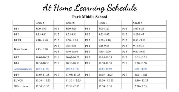 At Home Learning Schedule for Park